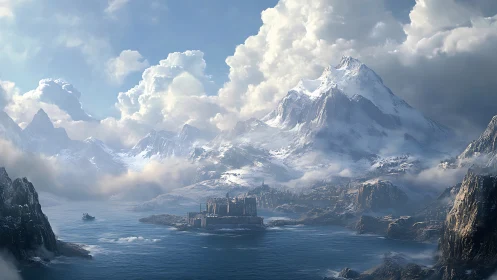 Majestic Snow-Capped Mountains Frame Coastal Fantasy Realm.