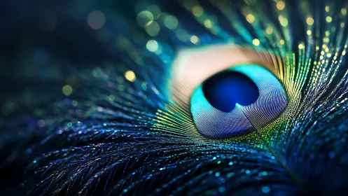 Peacock galaxy feather glows in deep teal night hush.