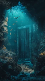 Submerged stone corridor with sealed wooden doorway and fish