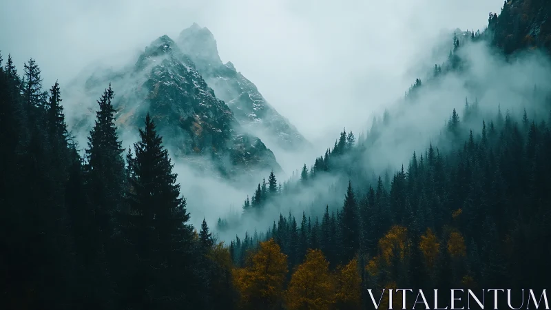 Misty alpine peaks with dense evergreen forest foreground.