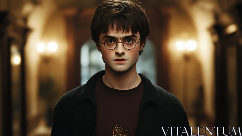 Young wizard stands in golden corridor, eyes wide, alert.