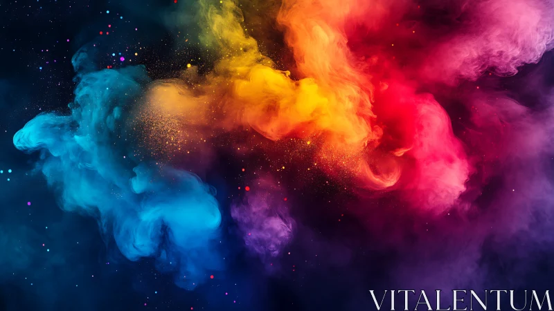 Multicolor abstract clouds of pigment in dark background space.