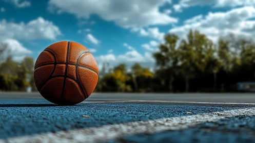 Basketball resting on outdoor blue court under sky.
