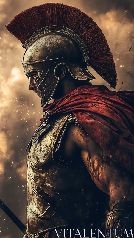 Stormlit Spartan warrior in profile with weathered armor.