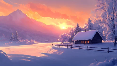 Winter cabin aglow beneath radiant alpine sunset sky.