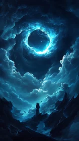 Lone skyward wanderer beneath a stormlit celestial vortex.