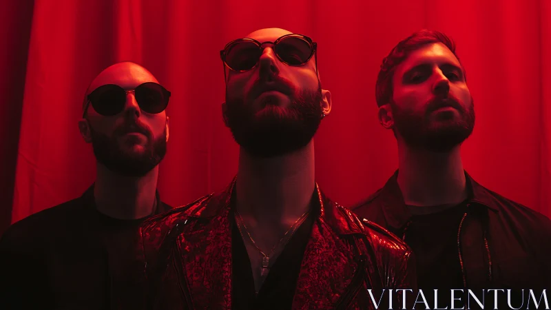 Photographic portrait triad under saturated red stage lighting.