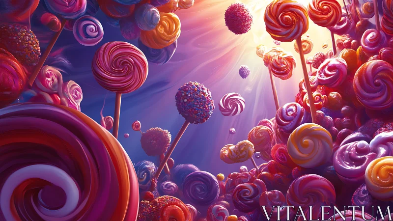 3D rendered candy landscape with spiral lollipops and glowing sky