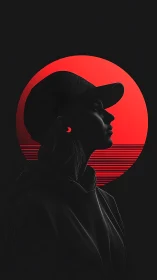 Profile silhouette of hooded woman against red sun.