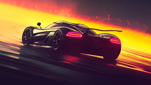 Hypercar cuts neon horizon with reflective wet asphalt.