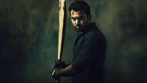 Bloody bat wielding man glares under moody dramatic lighting