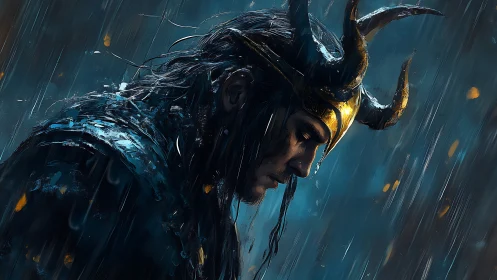 Horned warrior in rain-soaked cinematic digital portrait study.