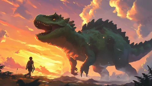 Child confronts towering dinosaur under blazing sunset sky