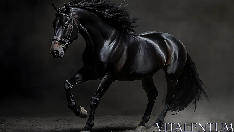 Black stallion captured mid-gallop in dramatic studio light.
