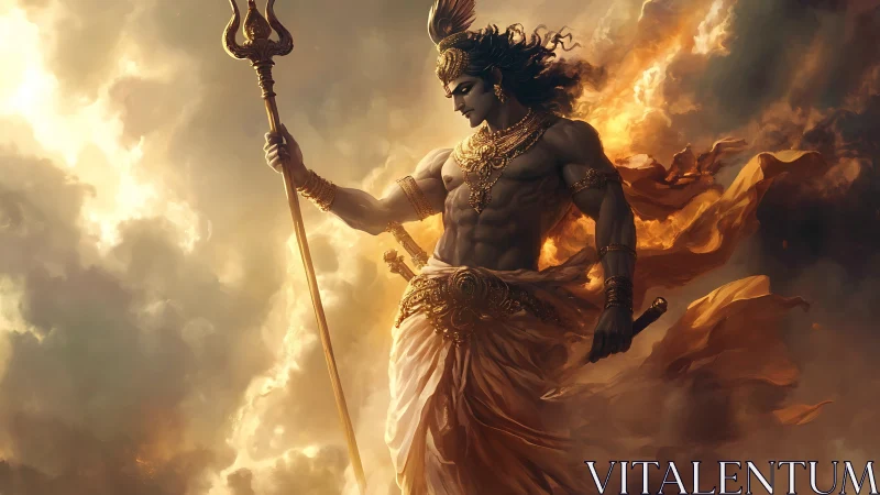 Radiant celestial warrior stands in swirling golden storm