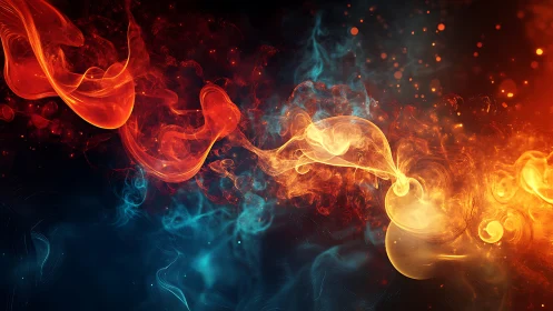 Luminous Flames: Red and Gold Ethereal Energy Collision.