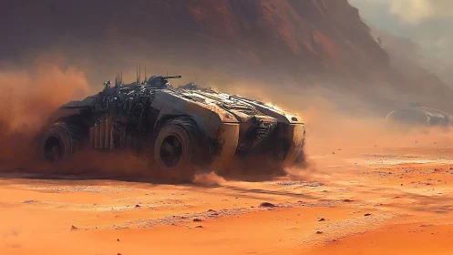 Futurist desert assault carrier in kinetic digital painting style.