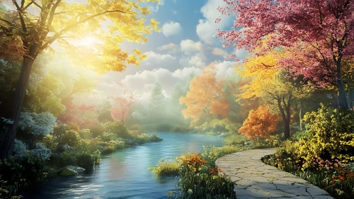 Sunlit riverside garden glows with vibrant autumn colors