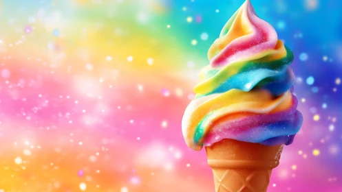 Rainbow soft serve ice cream cone under neon bokeh glow.