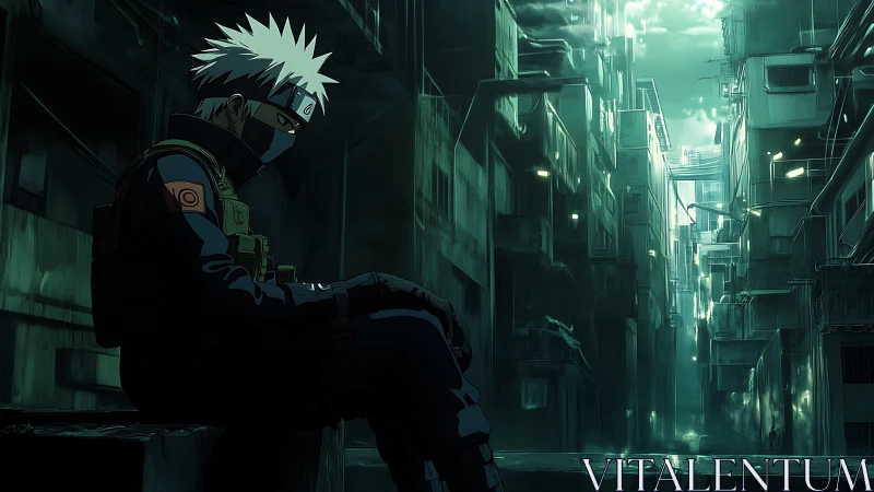 Solitary masked soldier in teal lit dystopian urban alleyway