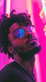 Neon halo swagger under hot pink city glow reflection.