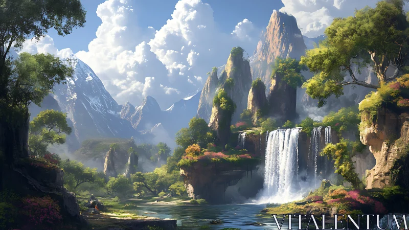 Spectral alpine valley with tiered waterfalls and lush overstory.