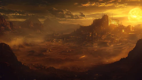 Sunlit alien megacity rises over scorched desert valley.