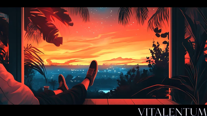 Framed balcony view observes stylized city at sunset