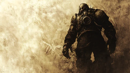 Dustborn titan in rusted armor stalking the wasteland horizon.