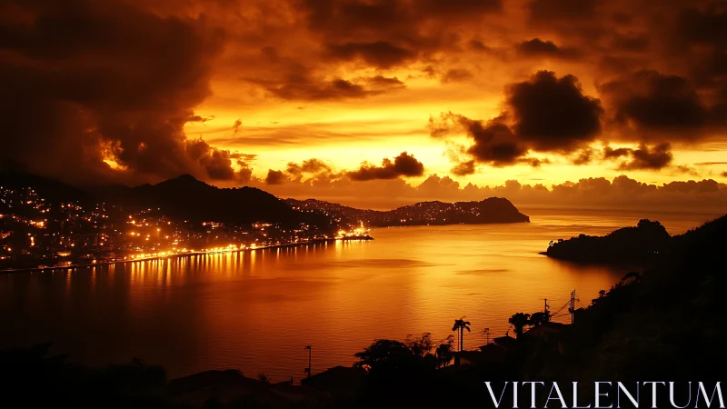 Golden coastal sunset embracing a glowing harbor city.