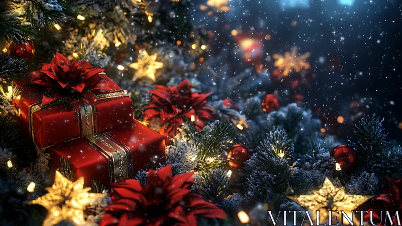 Cascading red gift boxes illuminate a snowlit Christmas tree