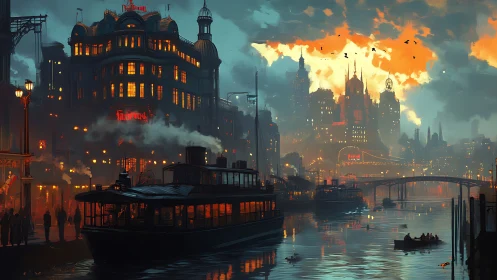 Steam-powered riverfront city at dusk with neon-lit skyline