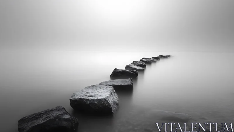 Long-exposure monochrome shoreline with receding stone path