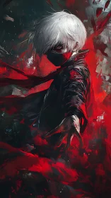 Masked white‑haired warrior commands crimson chaos in darkness