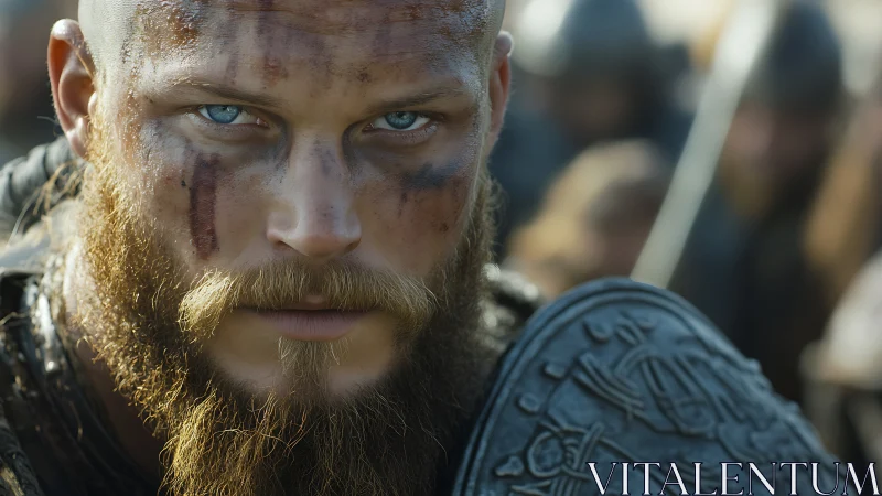 Battle-hardened Viking warrior with blue eyes and shield.