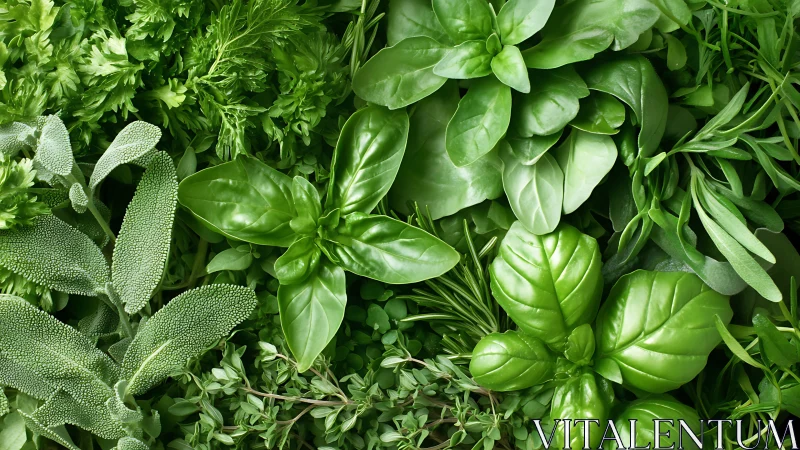 Fresh garden herbs gathered in a bright, leafy embrace.