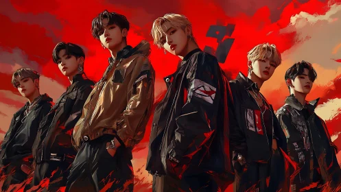 Confident boy band standing strong under blazing red skies.