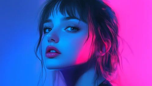 Neon-lit female portrait renders dual-tone cyan and magenta rim lighting