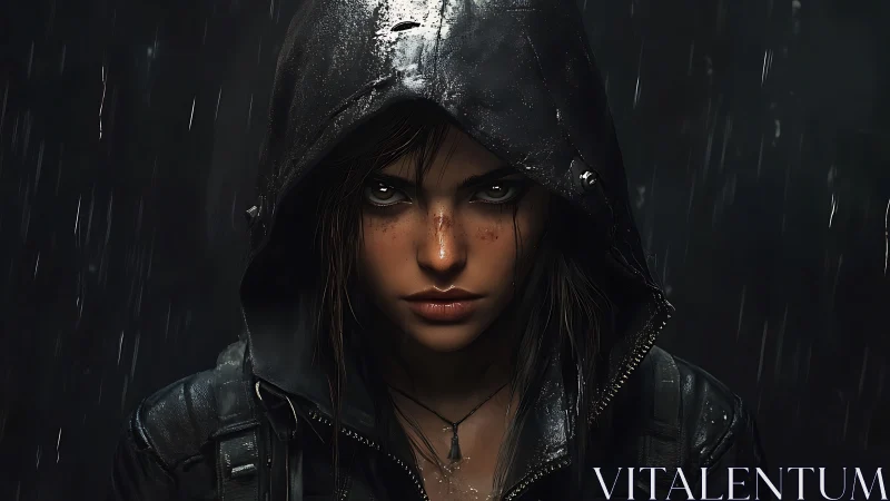 Hooded woman stares forward in rain with intense focus