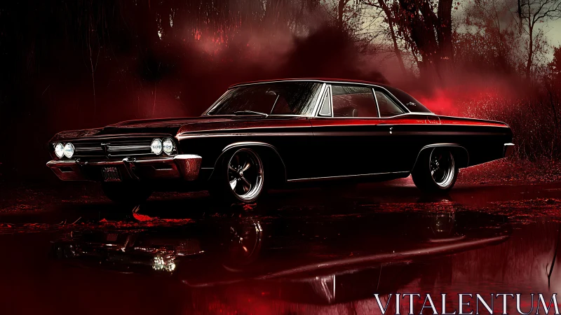 Classic black muscle car dominates red misty forest road