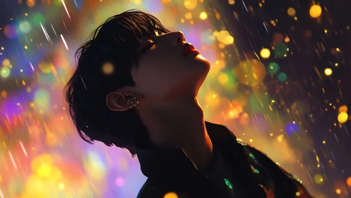 Silhouetted youth tilts head to glowing rain bokeh night