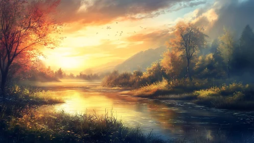 Sunlit autumn river curves through trees at golden sunset