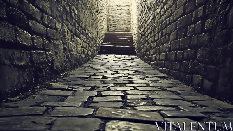 Narrow cobblestone passageway leading to stone steps.