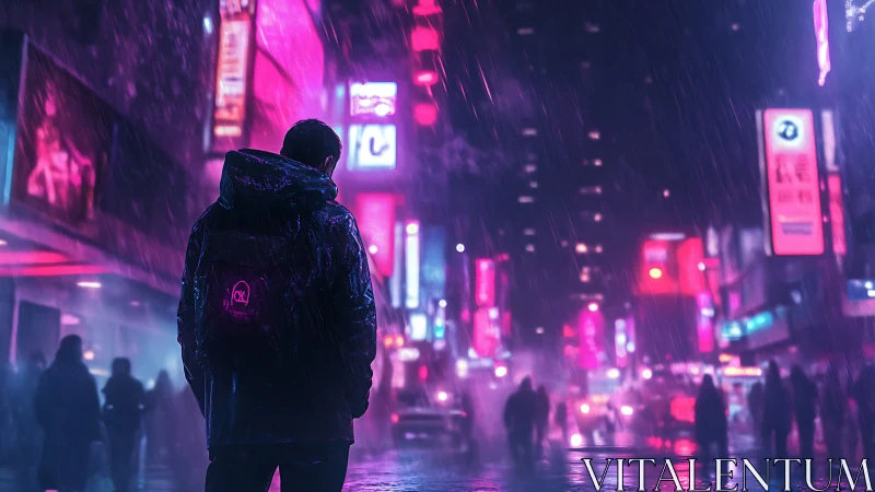 Solitary figure walks through neon city streets in rain