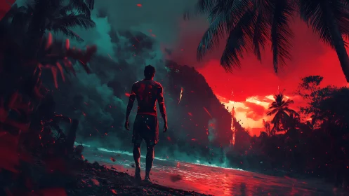 Lone survivor walks toward erupting island under red sky