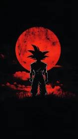 Anime silhouette against distressed red moon backdrop.