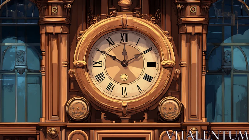 Ornate wall clock with Roman numerals in wood surround.