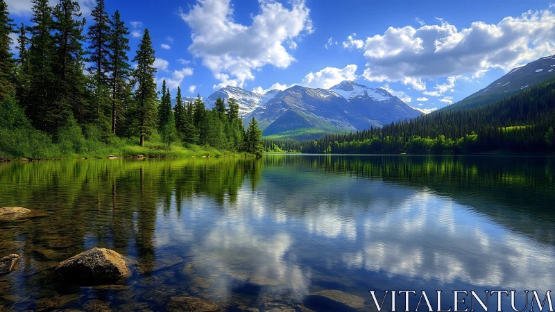 Mountain lake mirrors bright sky in tranquil alpine harmony