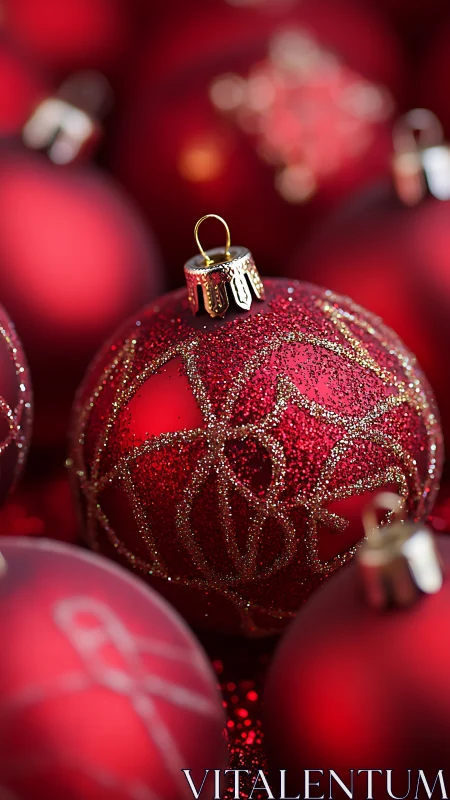 Glittering red Christmas bauble glows amid soft festive blur