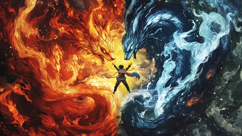 Elemental fire and water dragons circle lone warrior.